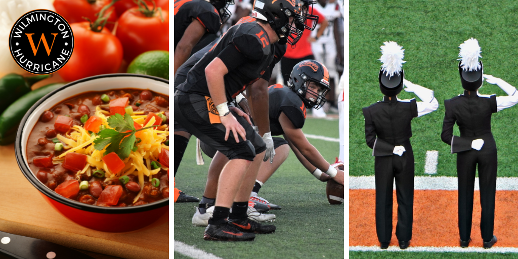 homecoming collage (chili, football players, band members)